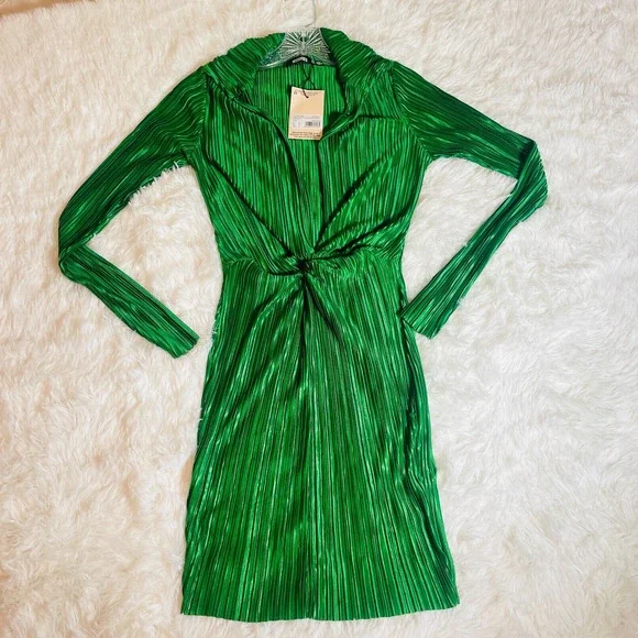 Missguided Womens Plisse Twist Front Plunging Long Sleeve Mini Dress Sz 2 Green - Picture 2 of 13